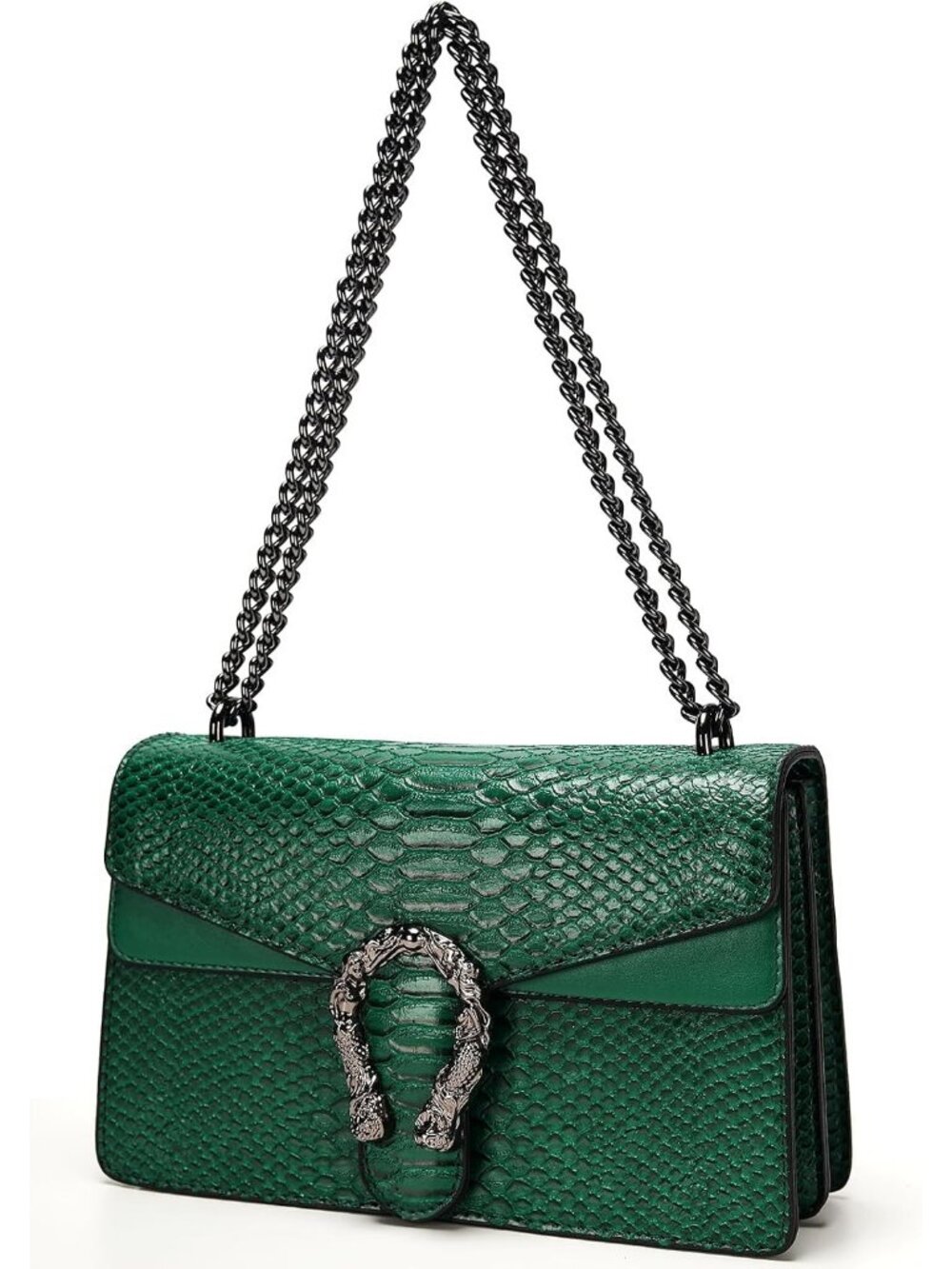 Women's A Green Leather Snake Print Vintage Purse Chain Crossbody Bag